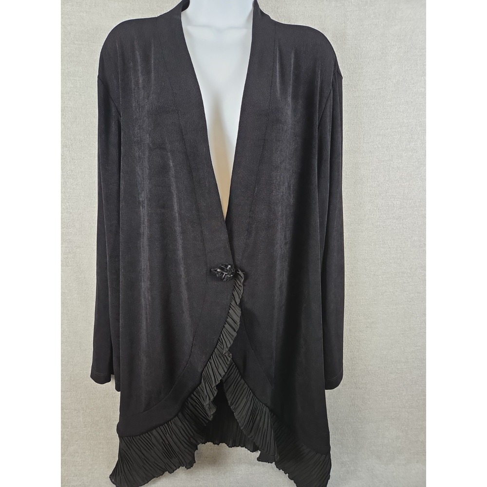 Chicos 4 Cardigan Sweater Size 20/22 Black Fancy Ruffle Trim Long Flowy Dressy